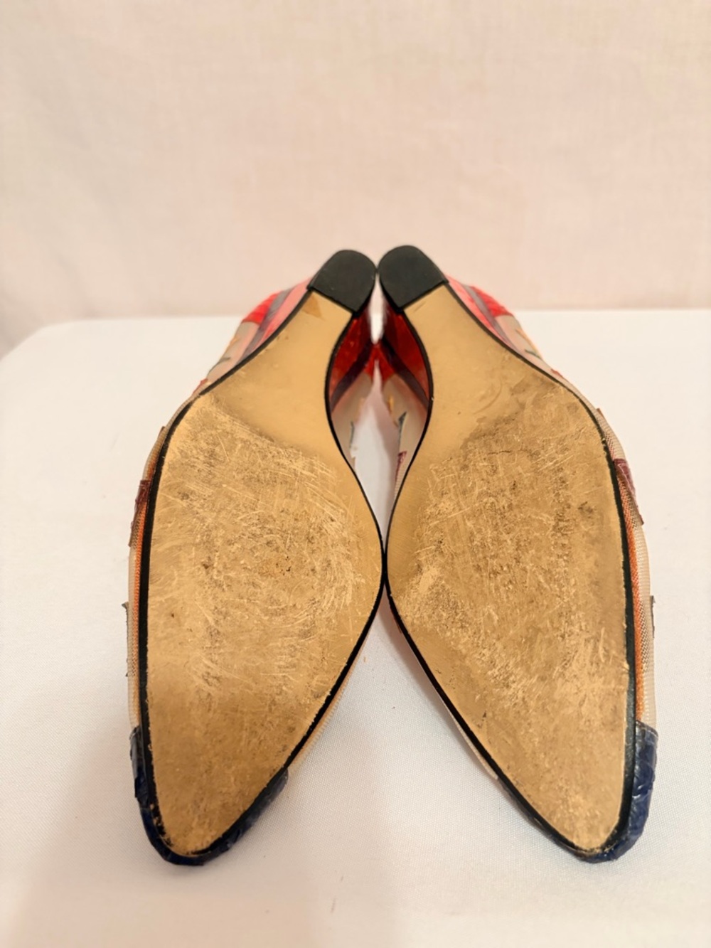 Multicolor Patchwork Pointed Toe Flats with Red Trim - Picture 8 of 9